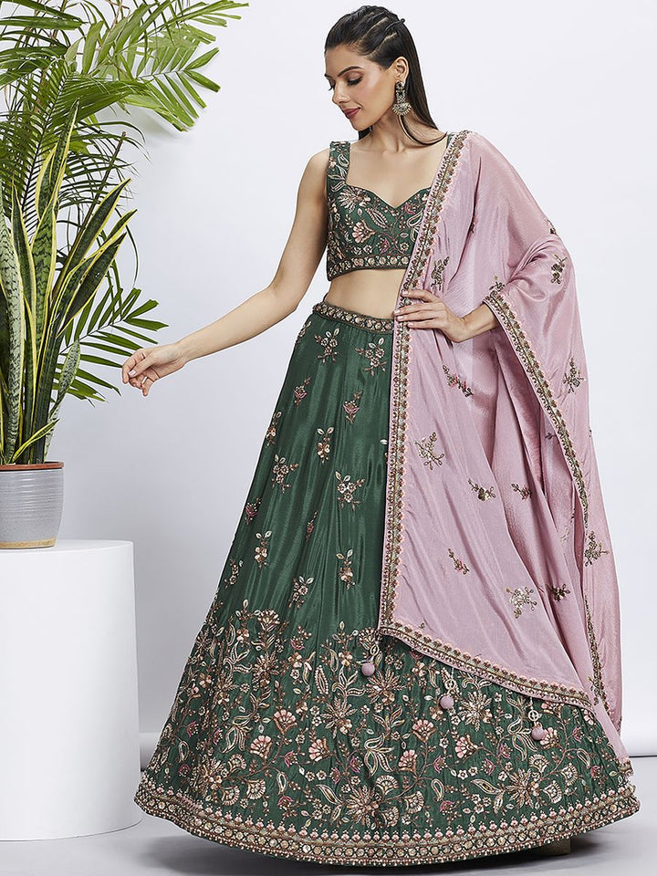 Green Pure Chiffon Sequins and thread embroidery Semi-Stitched Lehenga choli & Dupatta