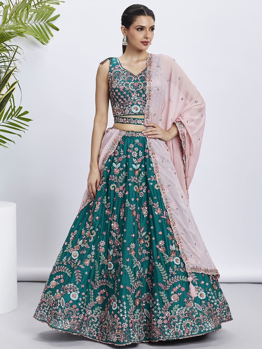 Green - Pure Georgette Golden Sequined, Multi-Color Thread & Zarkan Embroidered Semi-Stitched Lehenga choli