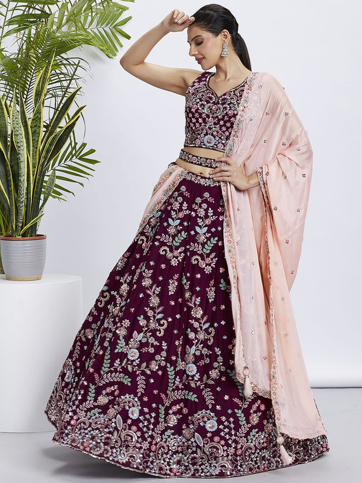 Burgundy - Pure Georgette Golden Sequined, Multi-Color Thread & Zarkan Embroidered Semi-Stitched Lehenga choli