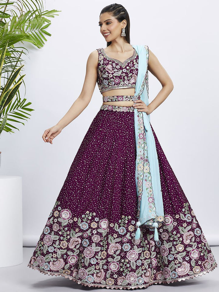 Semi-stitched lehenga with heavy embroidery in shades of burgundy