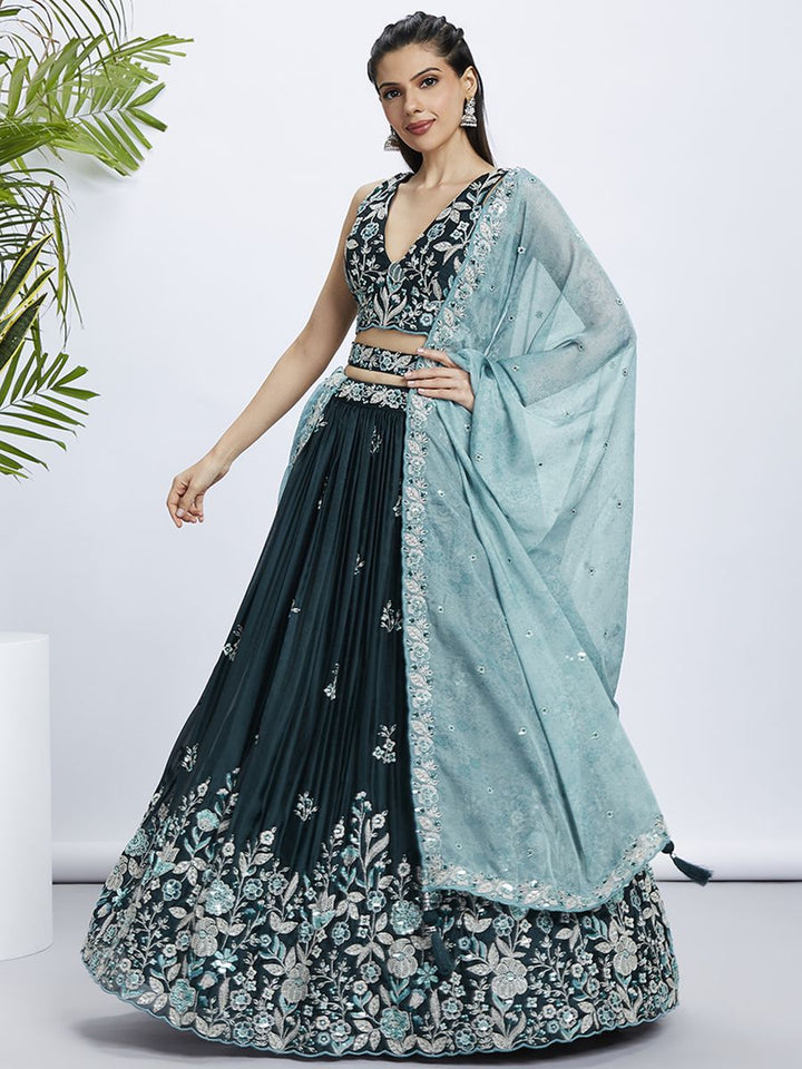 Teal Pure Georgette Sequins and thread embroidery Semi-Stitched Lehenga choli & Dupatta