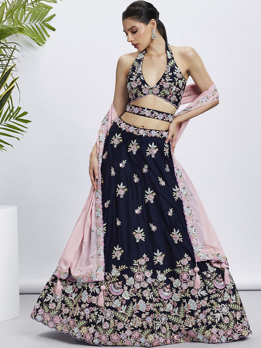 Navy Blue - Multi Color Sequined & Thread Embroidered Pure Georgette Semi-Stitched Lehenga choli