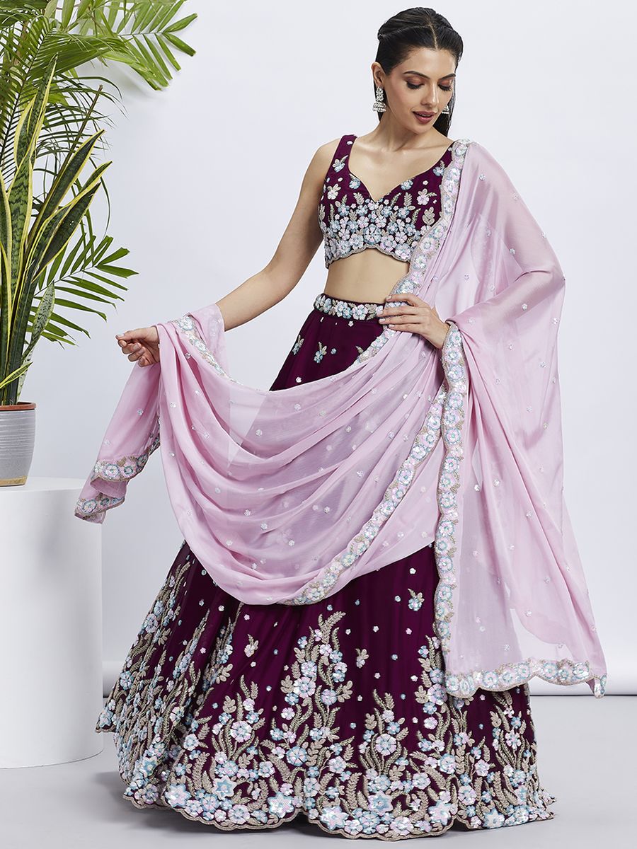 Burgundy - Pure Georgette Different Color Sequined,Thread,Coding Embroidered Semi-Stitched Lehenga choli