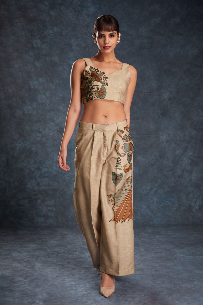 BROWN LINEN PRINTED TOP,PANT CO-ORD SET - qivii