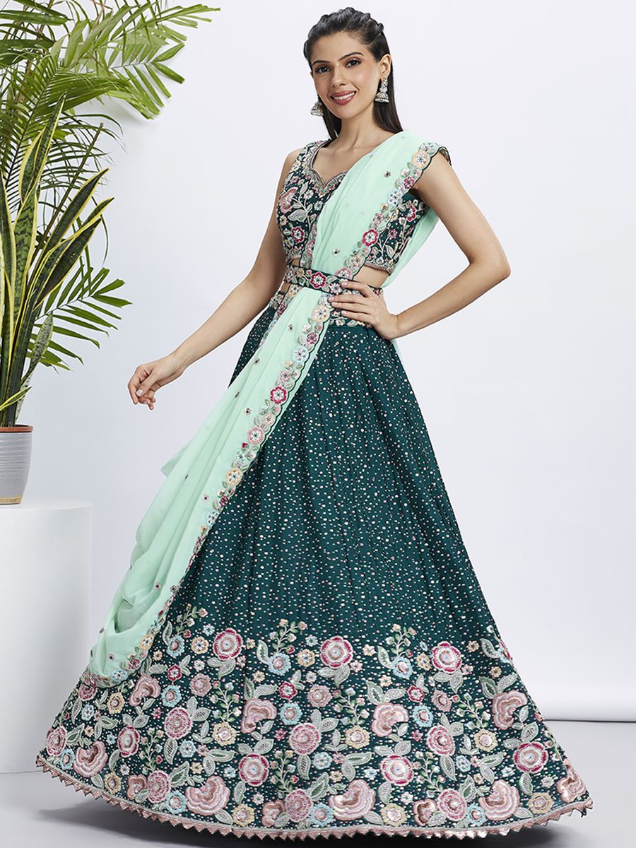 Green - Chiffon Multi-Color Thread,Sequin Heavy Embroidered Semi-Stitched Lehenga