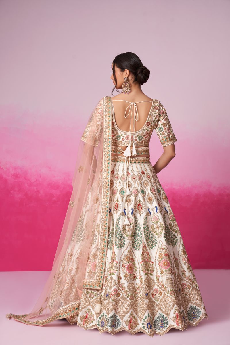 Pure silk bridal lehenga with moti, sequin and multicolor thread