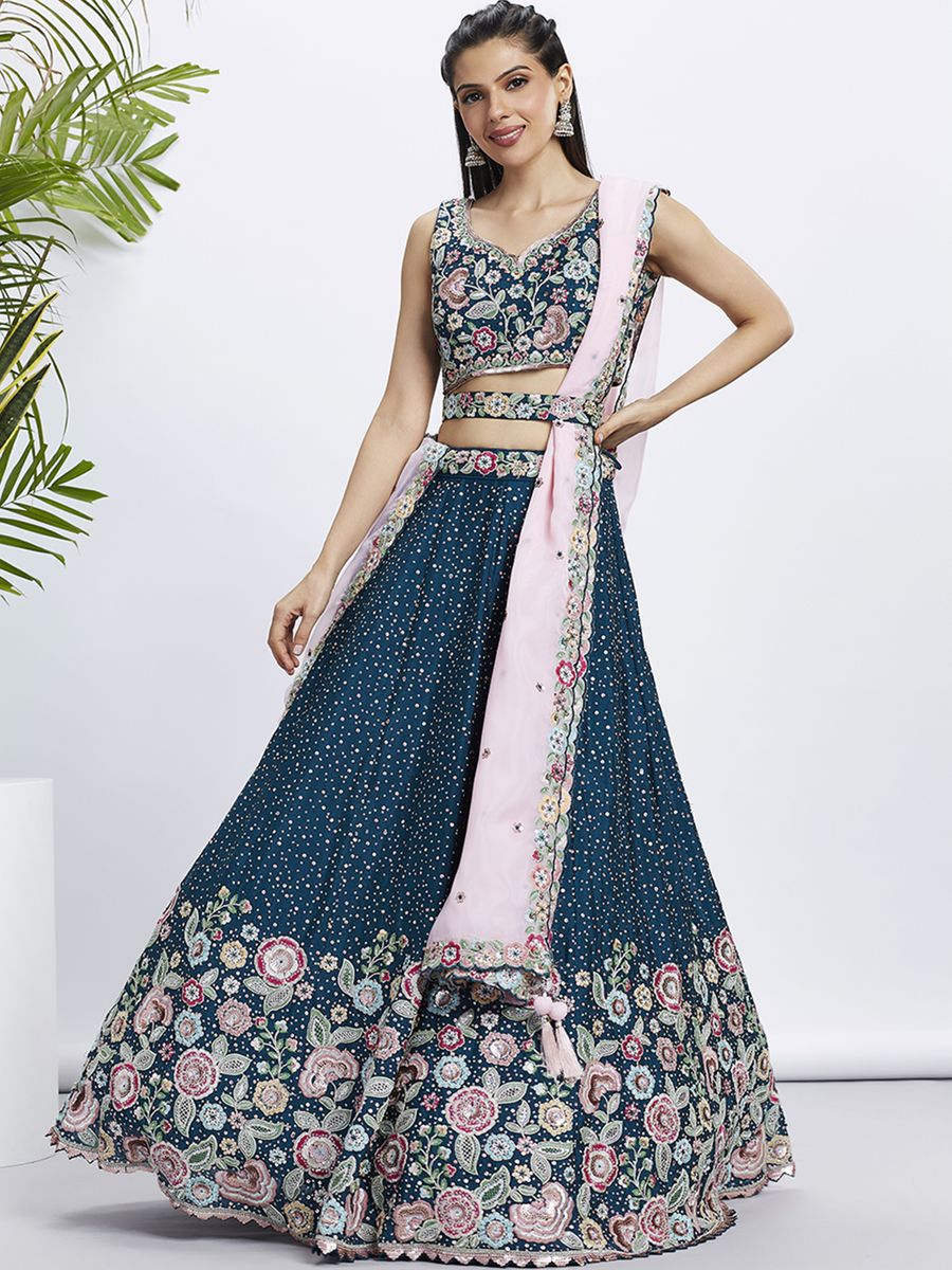 Navy Blue Chiffon Lehenga with Multi-Color Thread Embroidery and Sequins