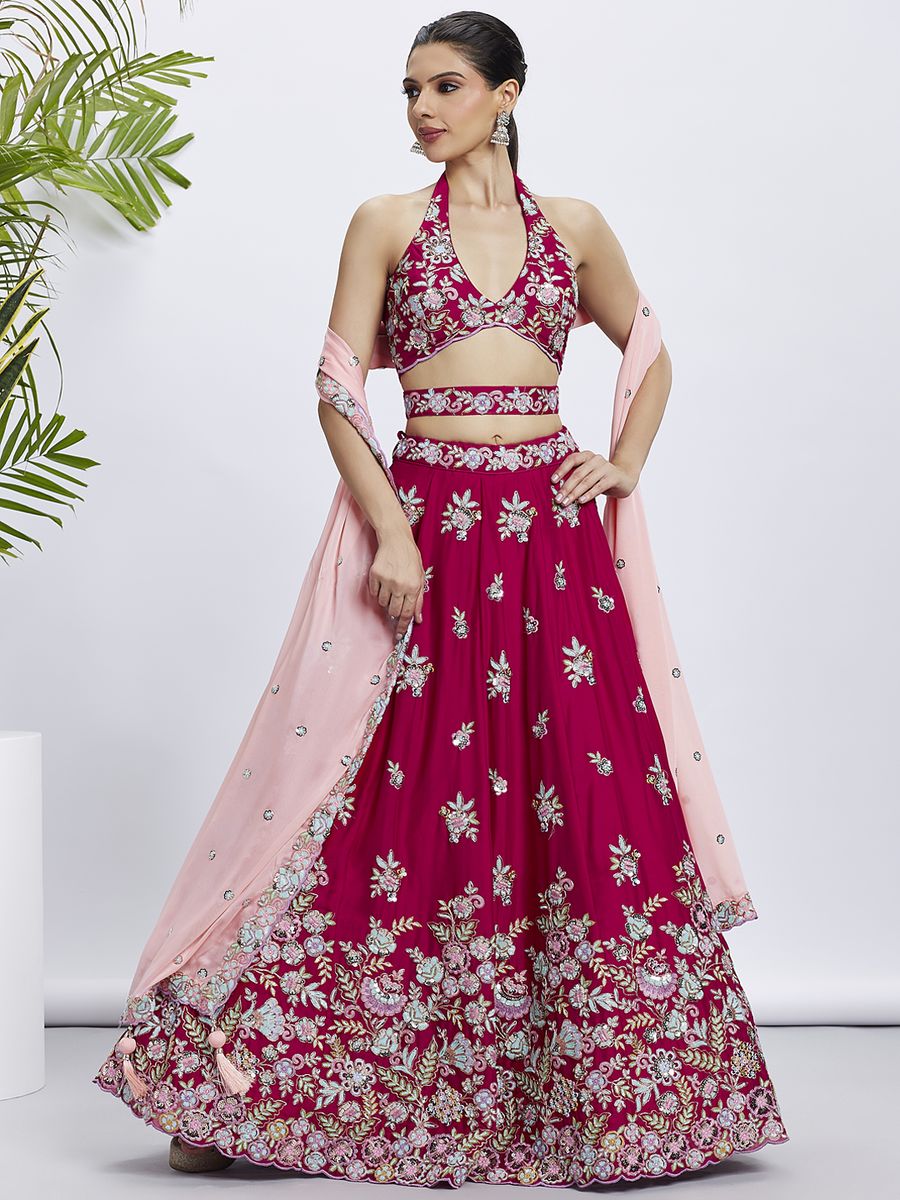 Rose - Multi Color Sequined & Thread Embroidered Pure Georgette Semi-Stitched Lehenga choli