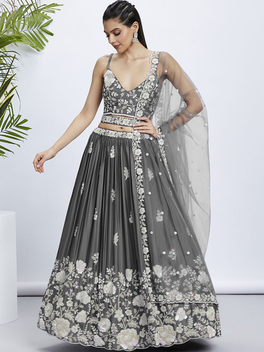 Grey Pure Georgette Sequins and thread embroidery Semi-Stitched Lehenga choli & Dupatta