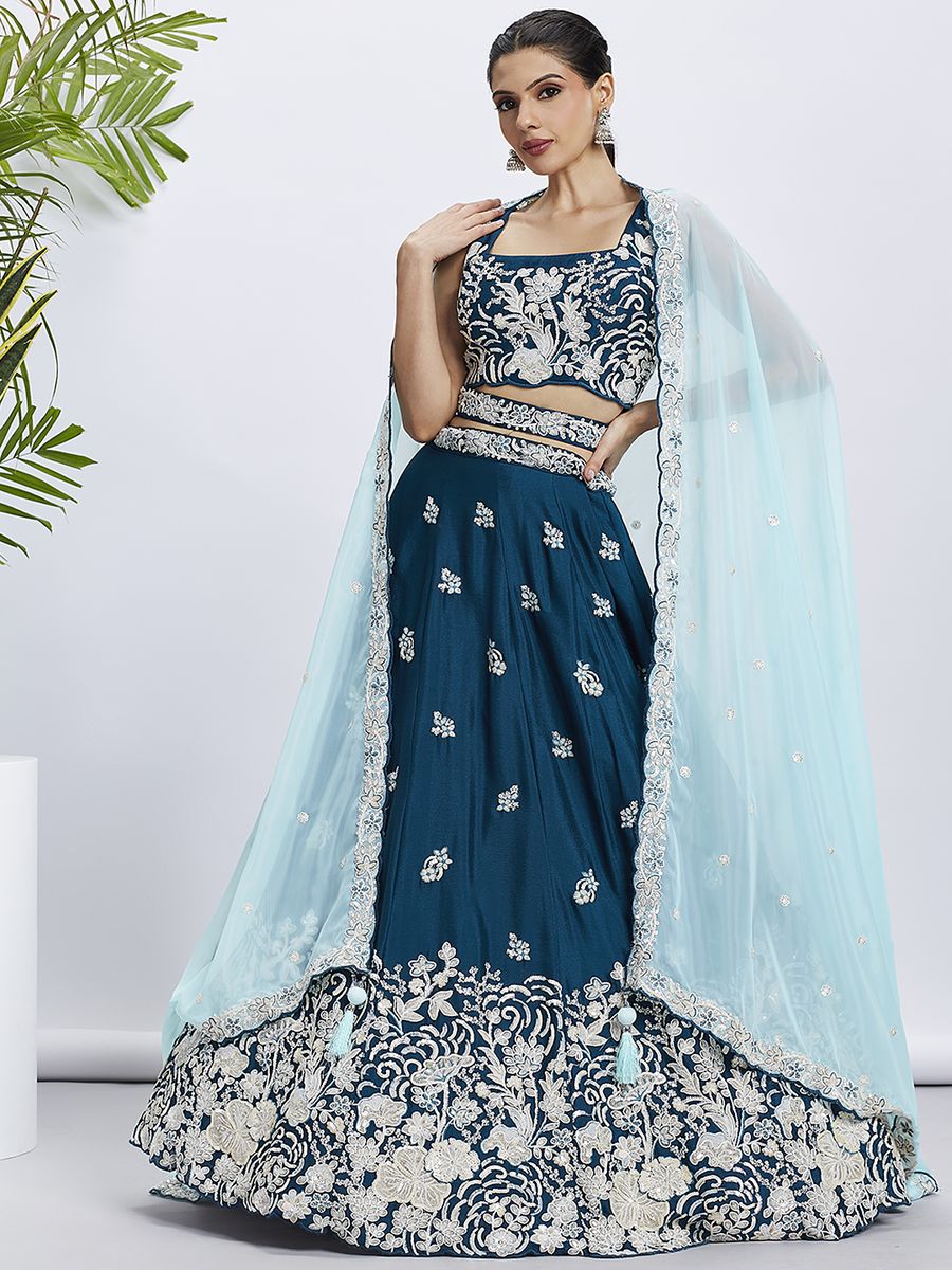 Teal - Pure Georgette White Sequin,White Thread Embroidered Semi-Stitched Lehenga choli