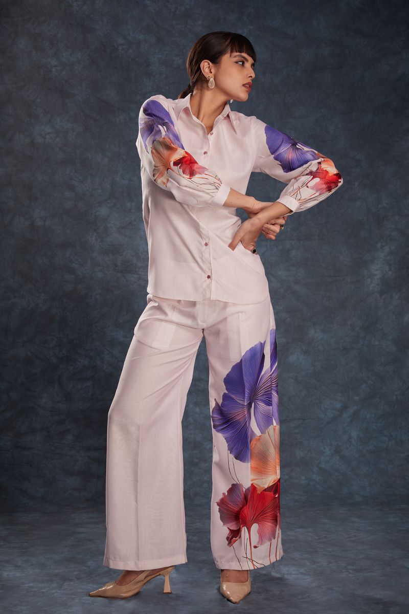 LIGHT PINK LINEN PRINTED TOP,PANT CO-ORD SET - qivii