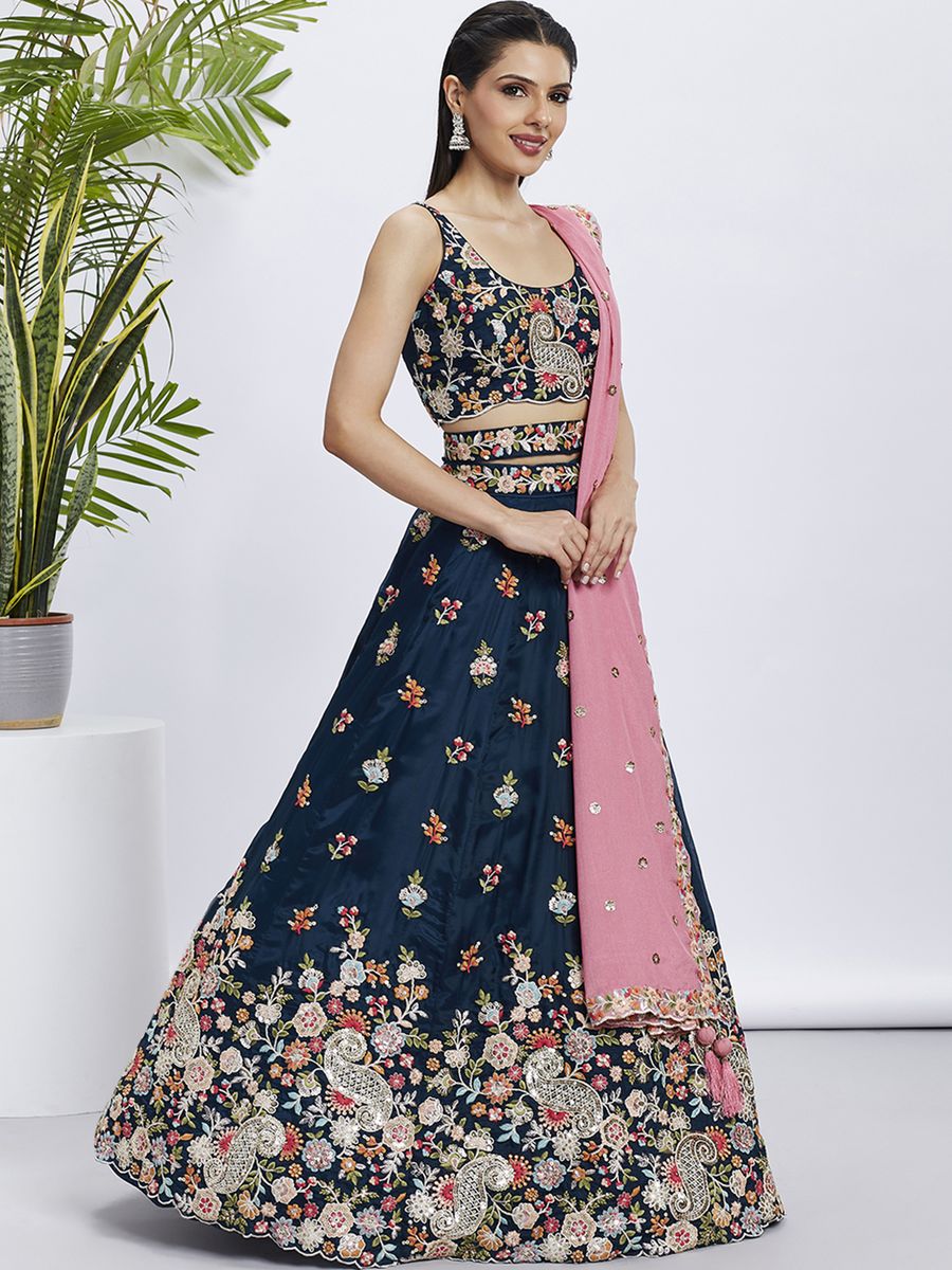 Navyblue - Golden Sequined & Multi-Color Thread Embroidered Organza Semi-Stitched Lehenga choli