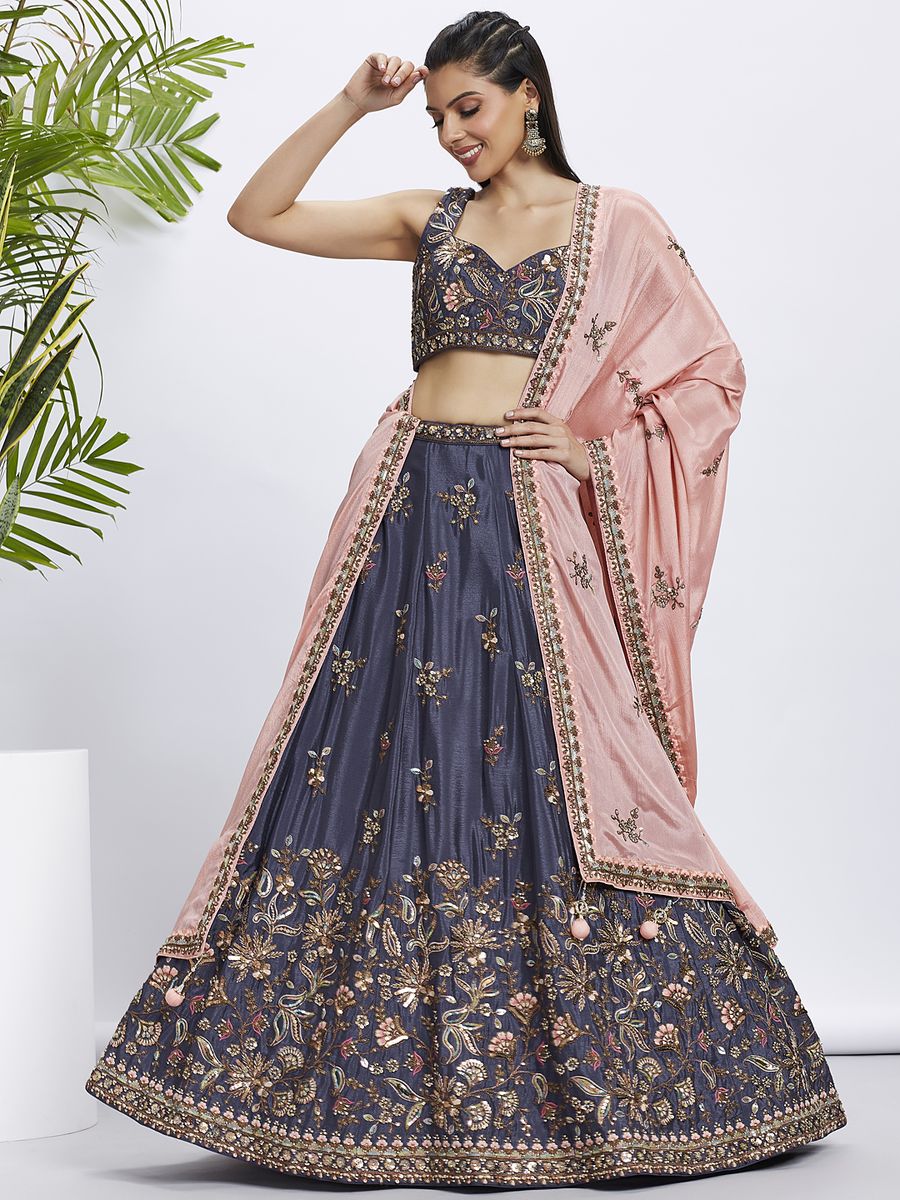 Beautiful and elegant Violet Pure Chiffon Sequins and thread embroidery semi-stitched lehenga choli with matching dupatta for a stunning traditional look