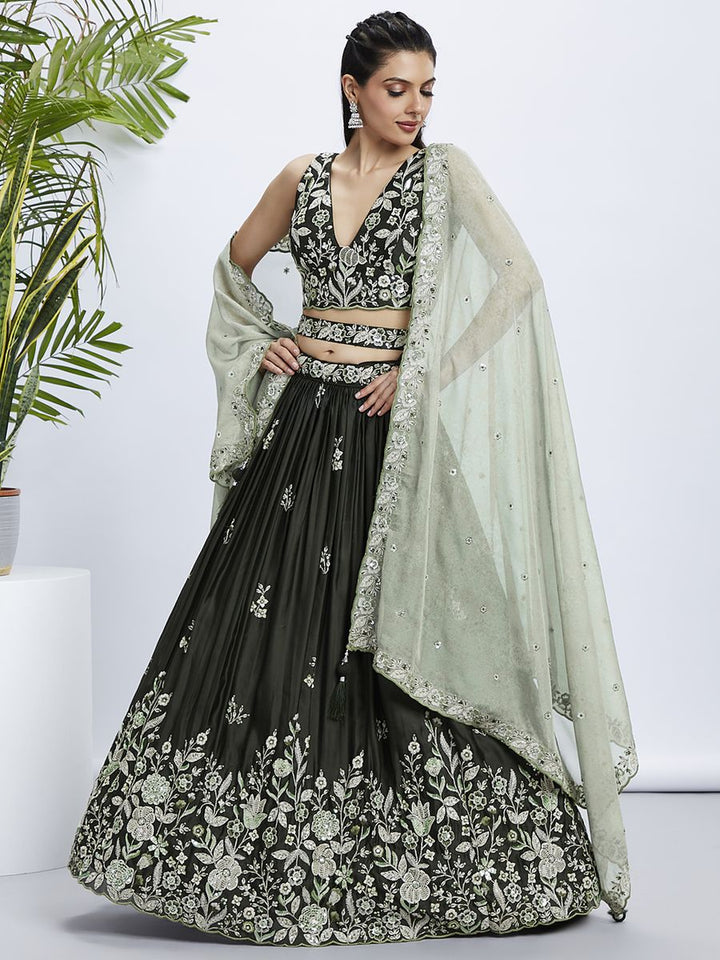 Olive Pure Georgette Sequins and thread embroidery Semi-Stitched Lehenga choli & Dupatta