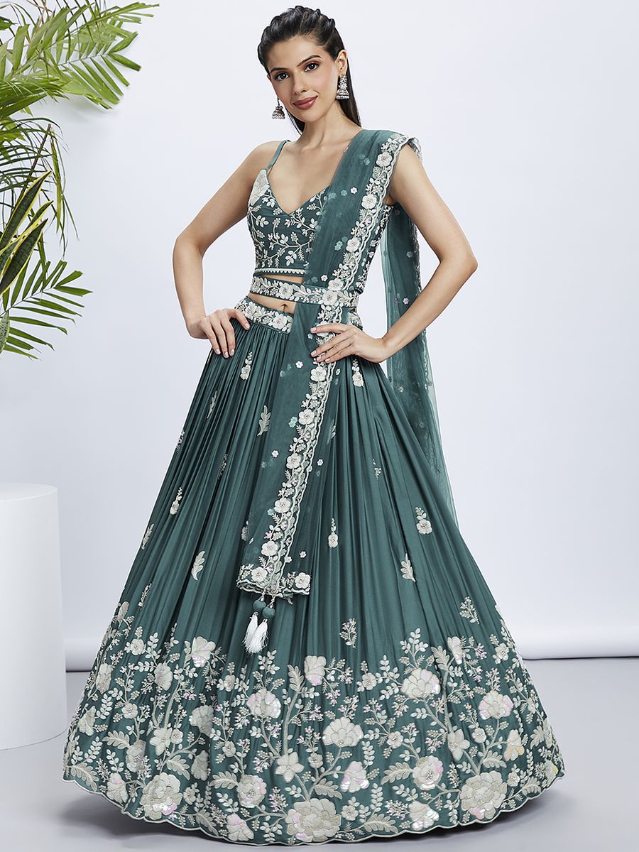 Turquoise blue Pure Georgette Sequins and thread embroidery Semi-Stitched Lehenga choli & Dupatta