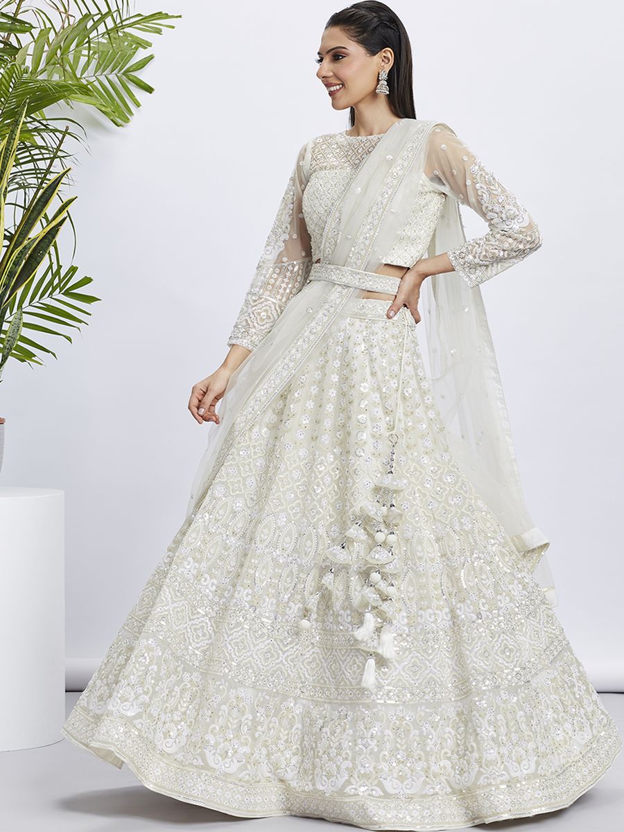 Cream White Color Sequined and Heavy Embroidered Net Lehenga Choli with intricate detailing