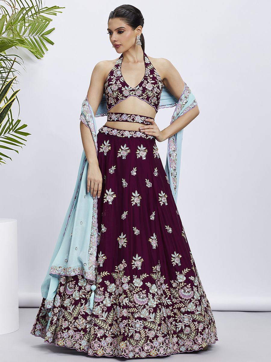 Burgundy - Multi Color Sequined & Thread Embroidered Pure Georgette Semi-Stitched Lehenga choli