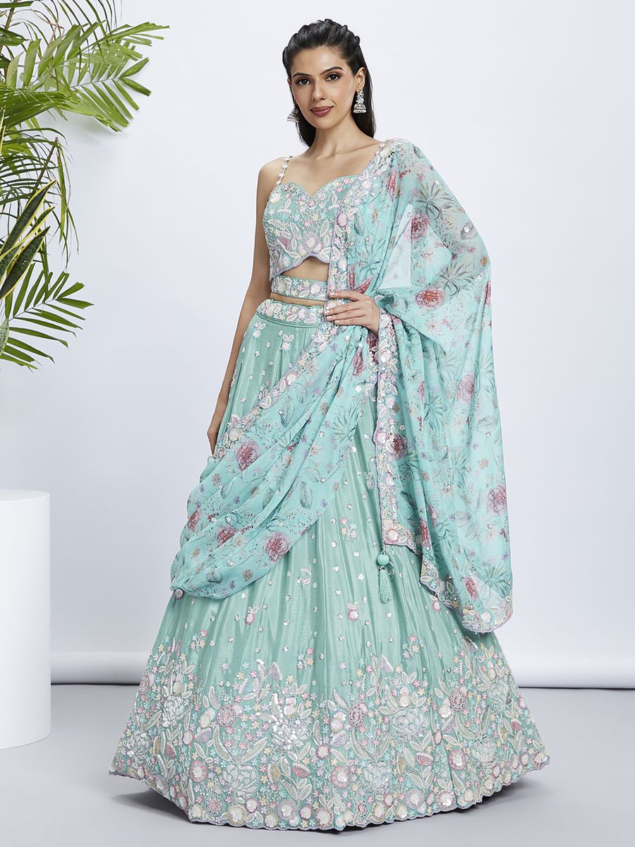 Sea green Chiffon Sequins and thread embroidery Semi-Stitched Lehenga choli & Dupatta