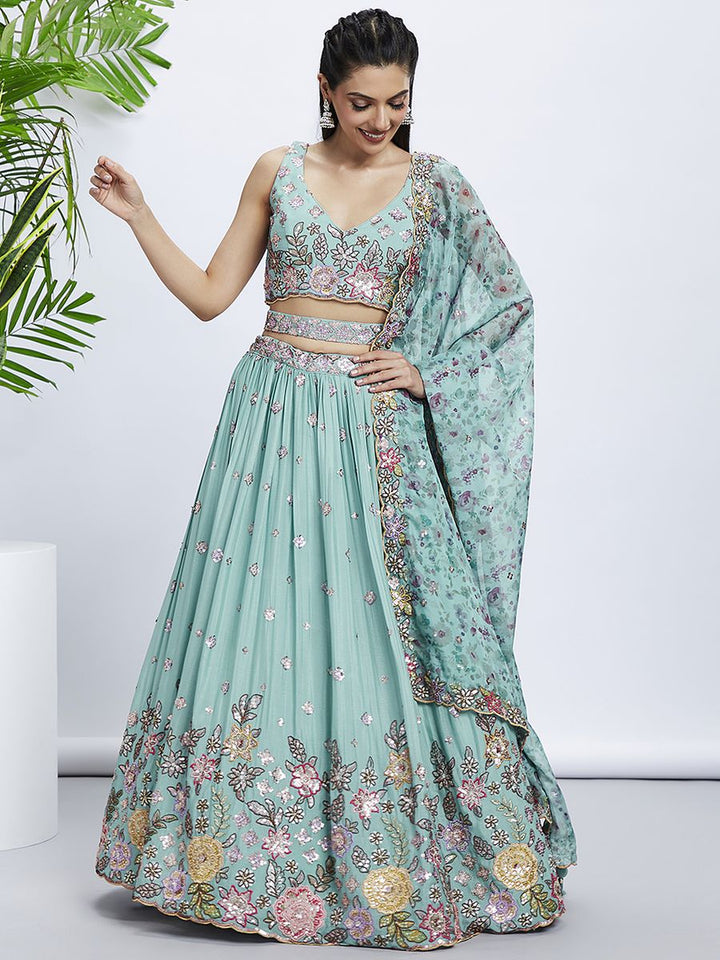 Turquoise blue Chiffon Sequins and thread embroidery Semi-Stitched Lehenga choli & Printed Dupatta