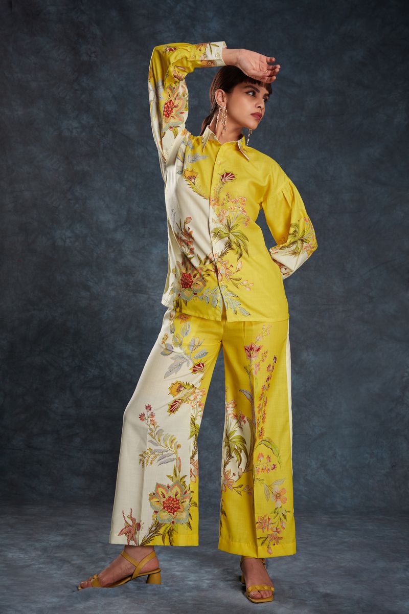 YELLOW LINEN PRINTED TOP,PANT CO-ORD SET - qivii