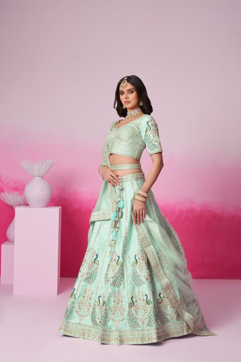 Seagreen Pure Silk Lehenga Choli with Golden Sequin, Thread, Moti & Zarkan Heavy Embroidery