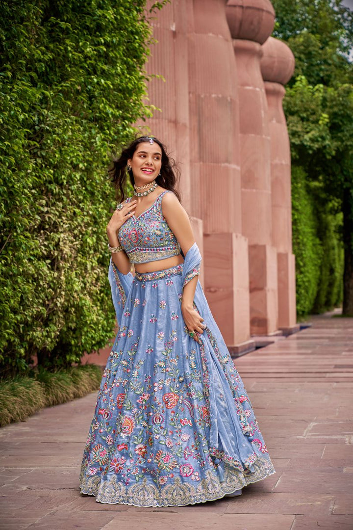 Turquoise blue Organza fabric Sequins & Mirror work Semi-Stitched Lehenga choli & Dupatta