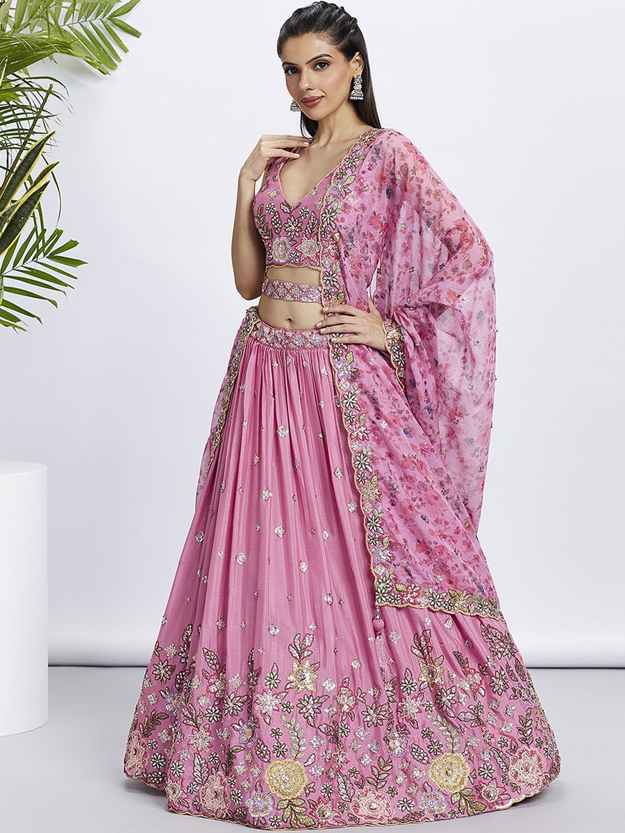 Pink Chiffon Sequins and thread embroidery Semi-Stitched Lehenga choli & Printed Dupatta