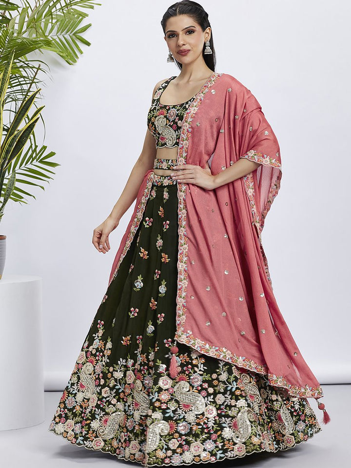 Olive - Golden Sequined & Multi-Color Thread Embroidered Organza Semi-Stitched Lehenga choli