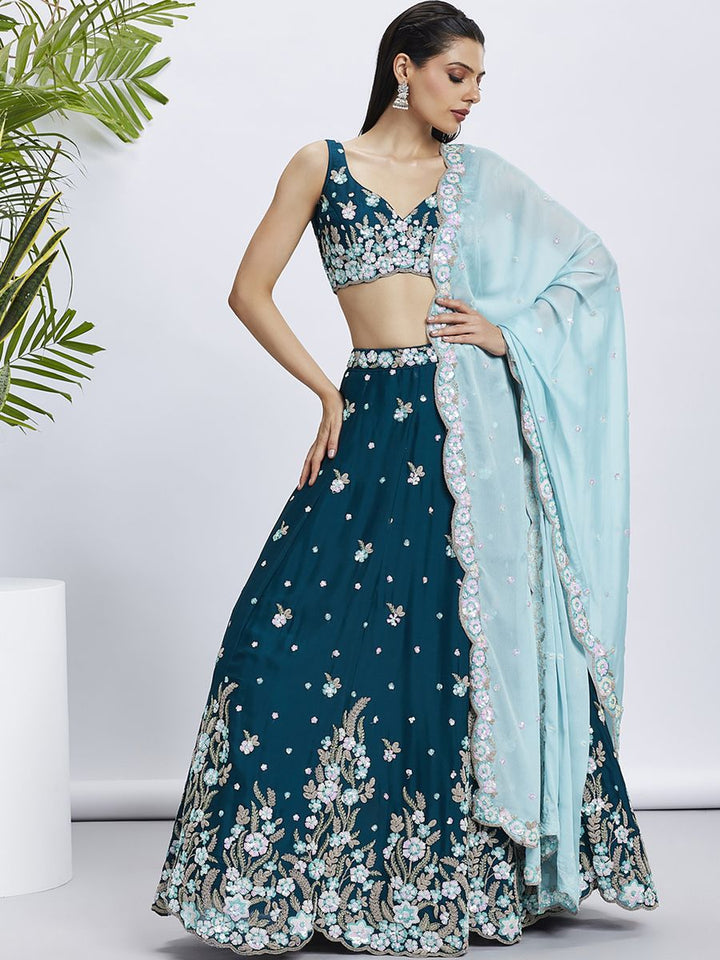 Teal - Pure Georgette Different Color Sequined,Thread,Coding Embroidered Semi-Stitched Lehenga choli