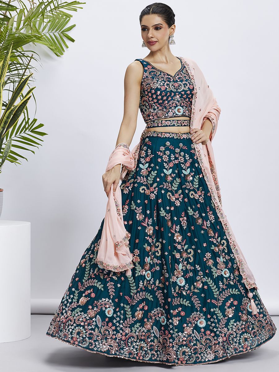 Teal - Pure Georgette Golden Sequined, Multi-Color Thread & Zarkan Embroidered Semi-Stitched Lehenga choli