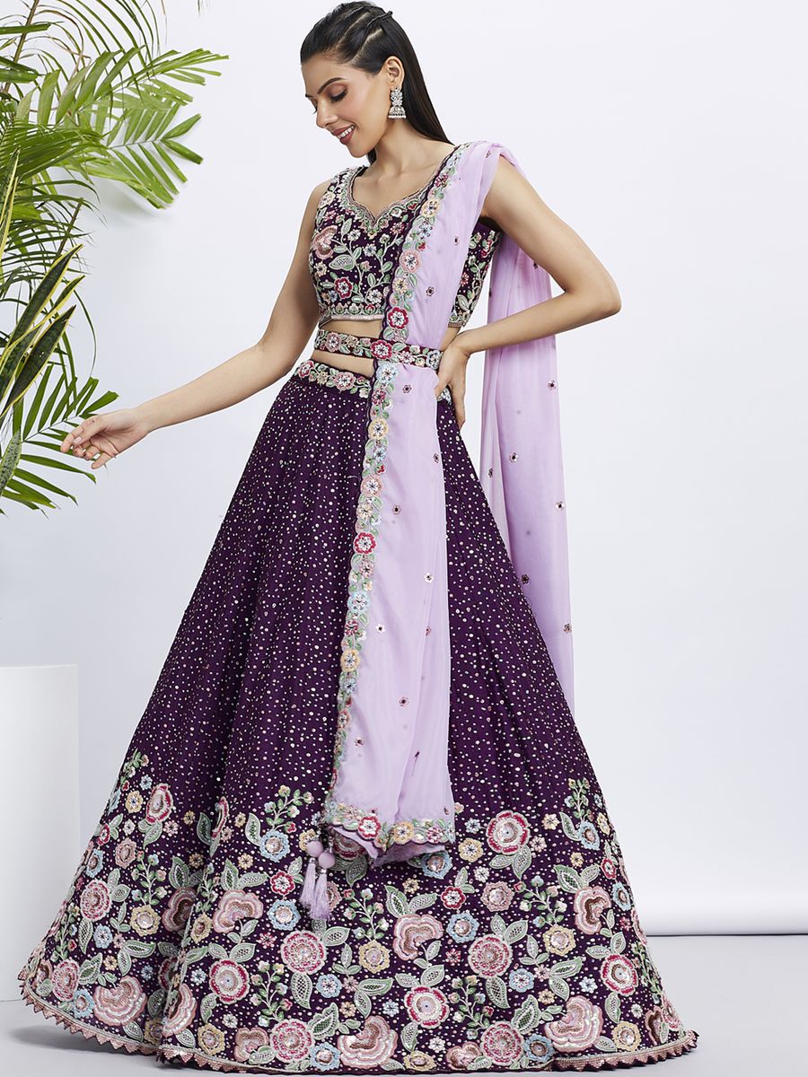 Beautiful purple chiffon lehenga with intricate embroidery and sequin work