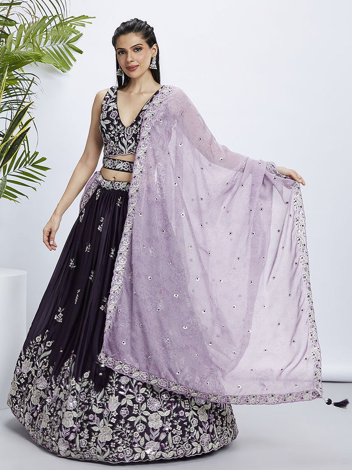 Purple Pure Georgette Sequins and thread embroidery Semi-Stitched Lehenga choli & Dupatta