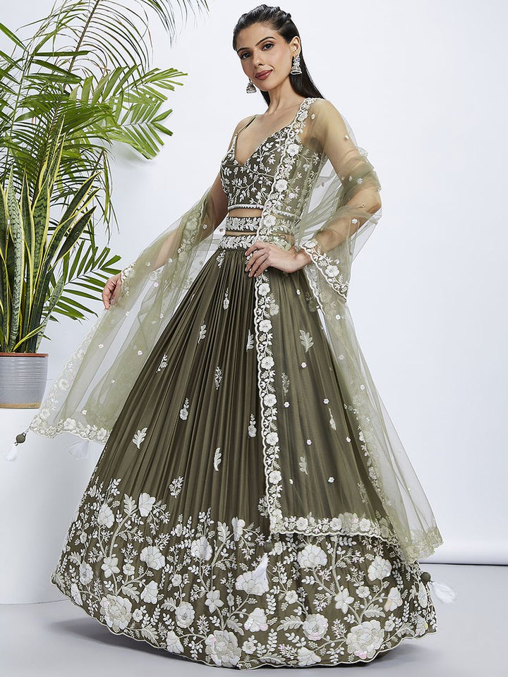 Olive Pure Georgette Sequins and thread embroidery Semi-Stitched Lehenga choli & Dupatta