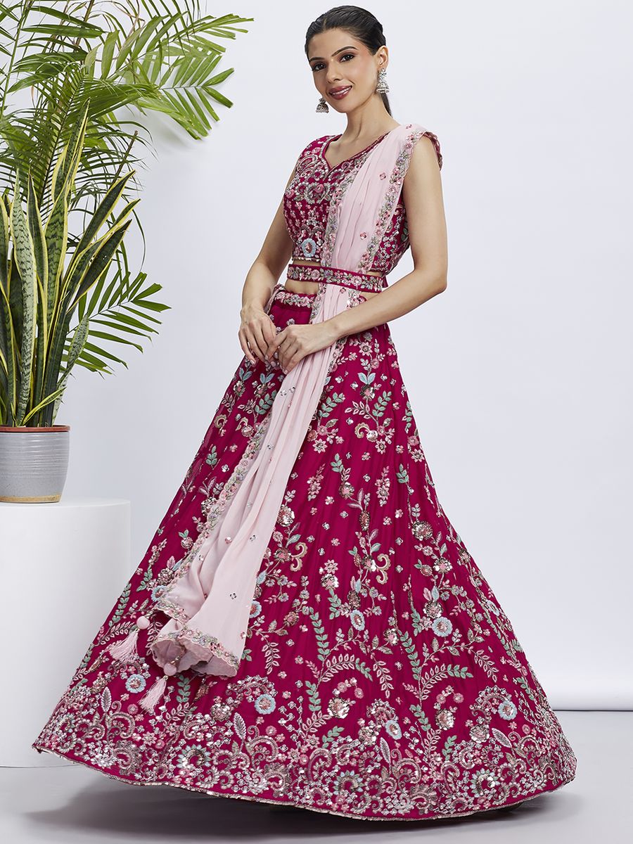 Rose - Pure Georgette Golden Sequined, Multi-Color Thread & Zarkan Embroidered Semi-Stitched Lehenga choli