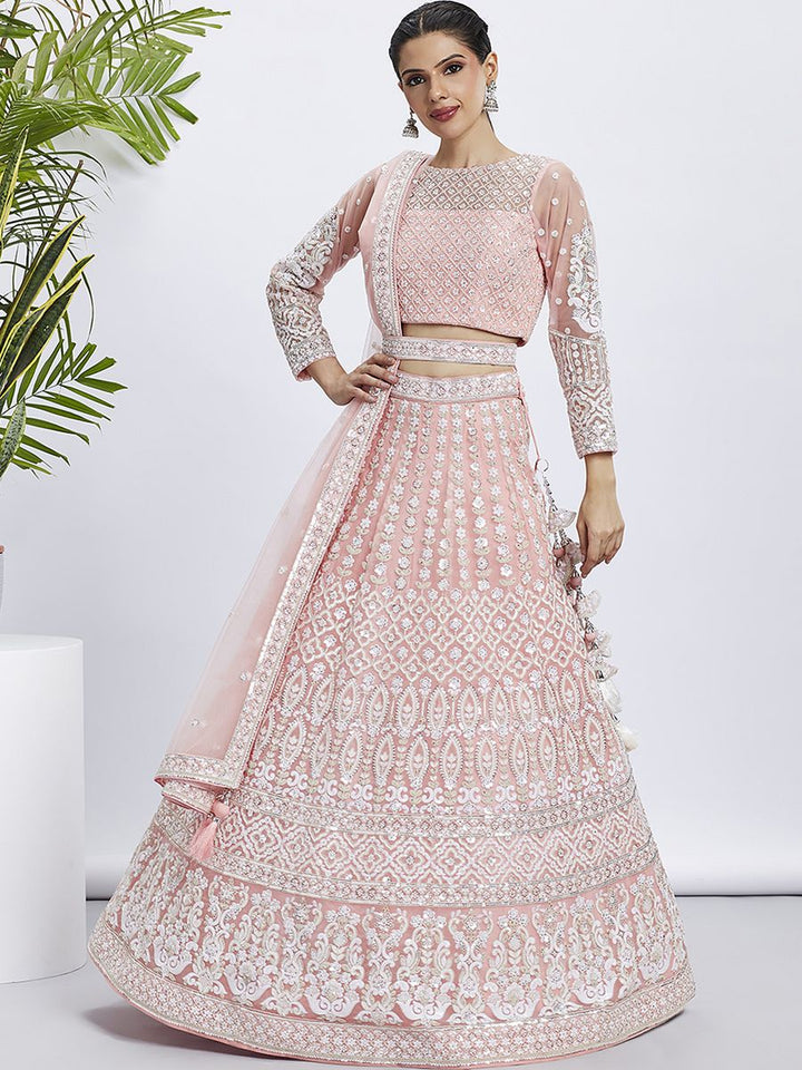 Peach - White Color Sequined & Heavy Embroidered Net Semi-Stitched Lehenga choli