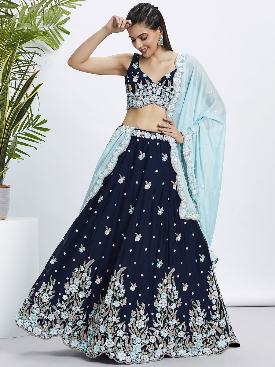 Navy Blue - Pure Georgette Different Color Sequined,Thread,Coding Embroidered Semi-Stitched Lehenga choli