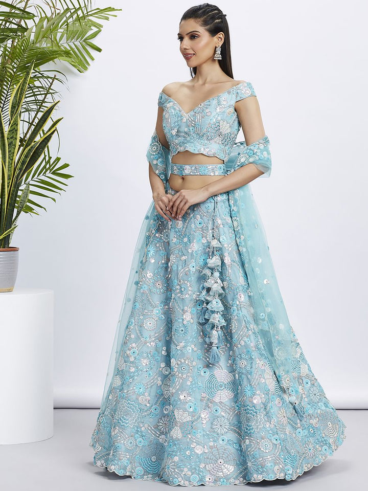 Sky blue Organza Sequins, Zarkan and thread embroidery Semi-Stitched Lehenga choli & Dupatta