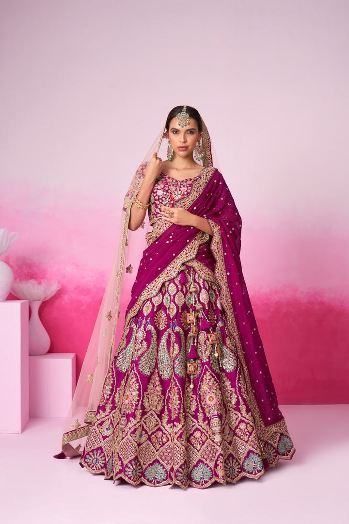 Burgundy - Pure Silk Fully Embroidered Using Moti,Sequin & Multicolor Thread Bridal Semi Stitched Lehenga with Double Dupatta