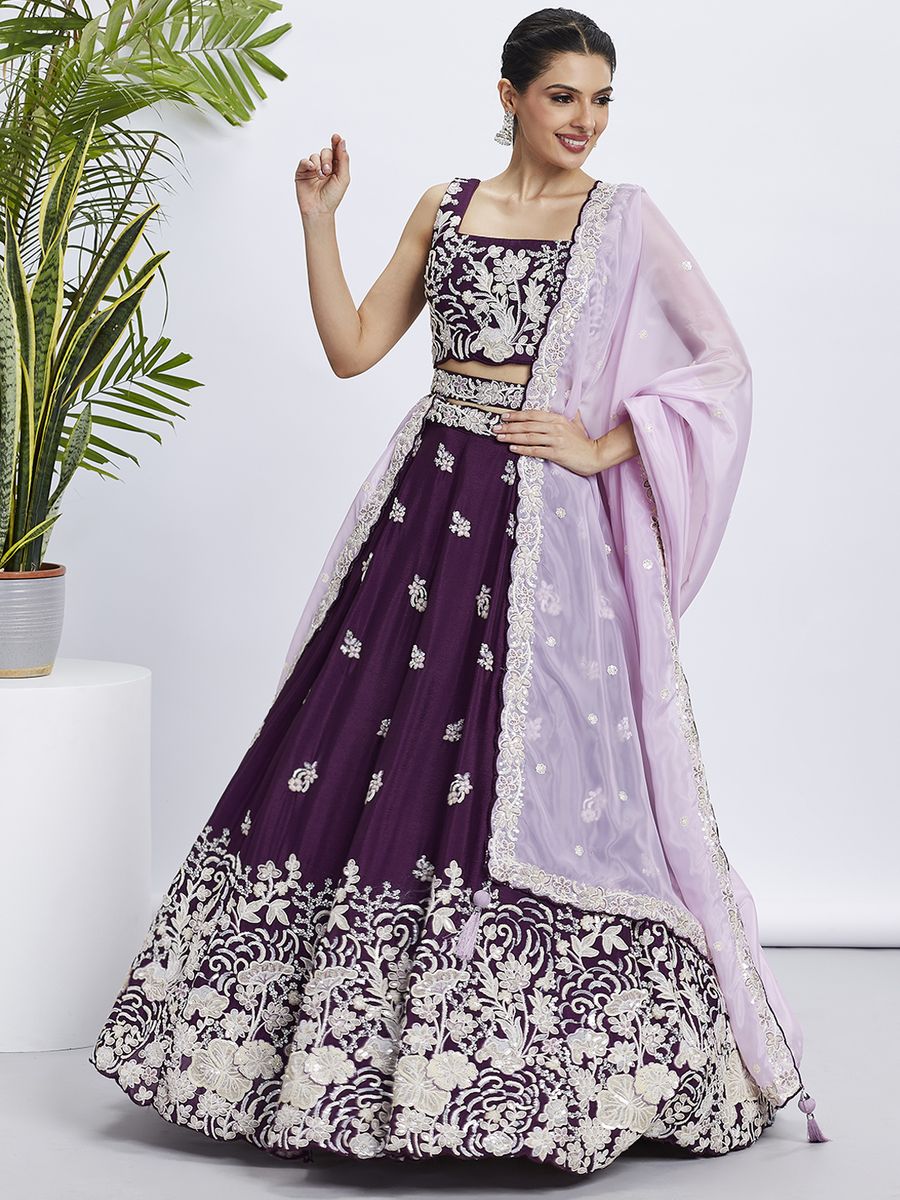 Purple - Pure Georgette White Sequin,White Thread Embroidered Semi-Stitched Lehenga choli