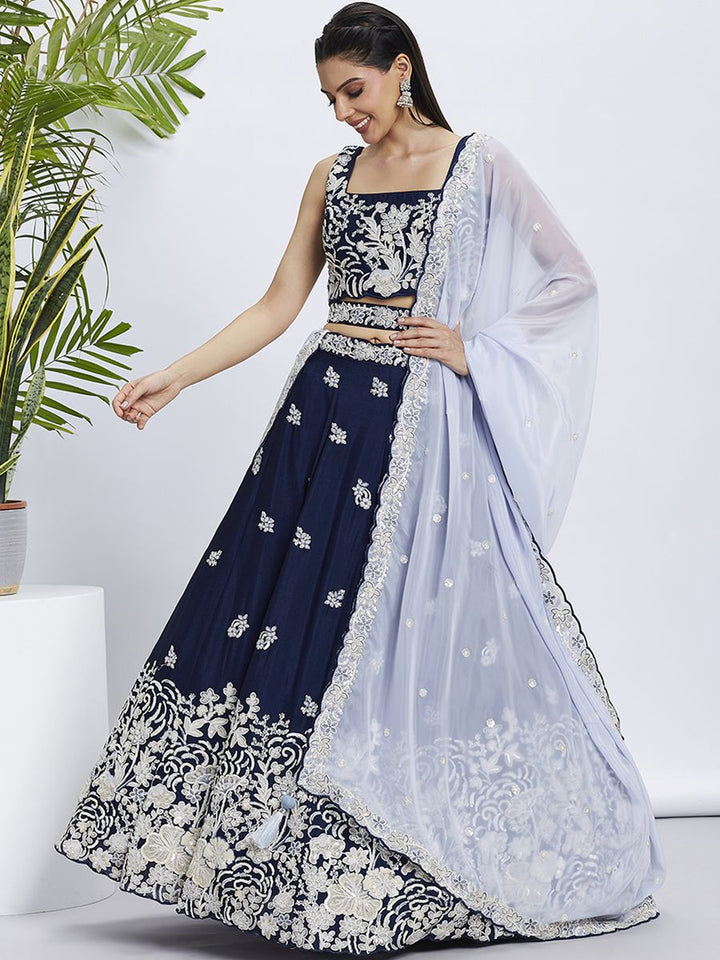 Navy Blue - Pure Georgette White Sequin,White Thread Embroidered Semi-Stitched Lehenga choli