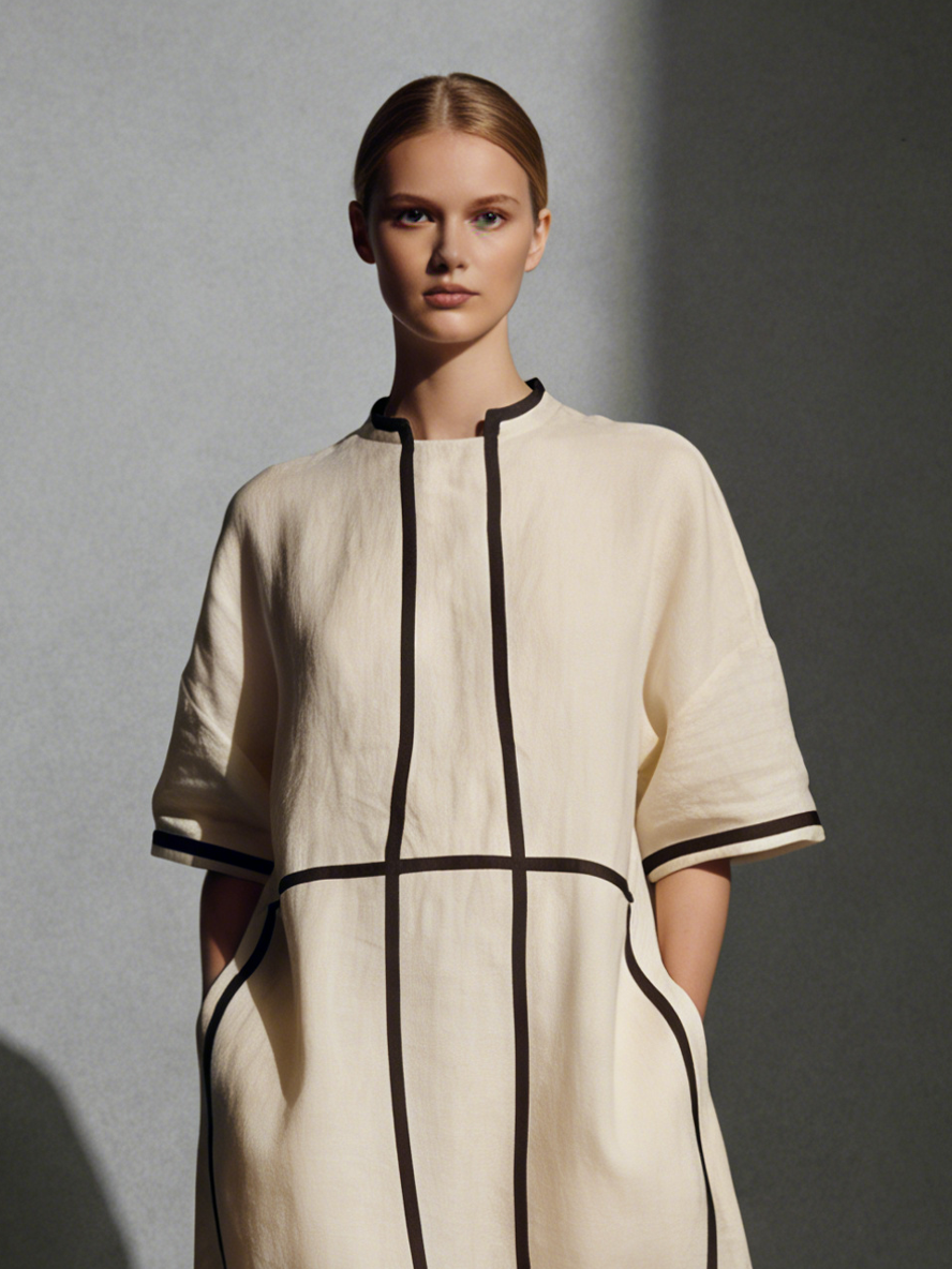Women's Modern Linen Blend Beige Stand-Collar Half-Sleeve Contrast-Line Pocketed Maxi Dress MDA2924L4AU