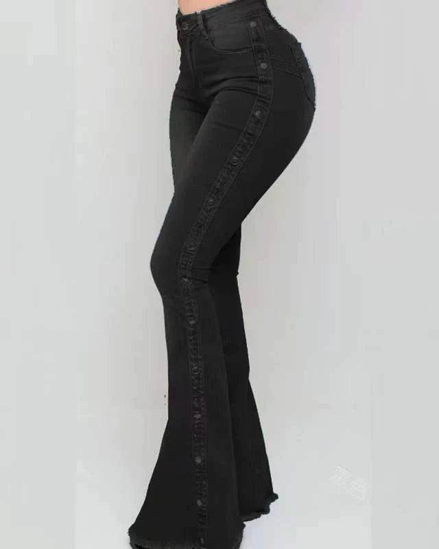 Women's Zipper Fly Side Buttons Vintage Mopping Flared Jeans  - By Qivii