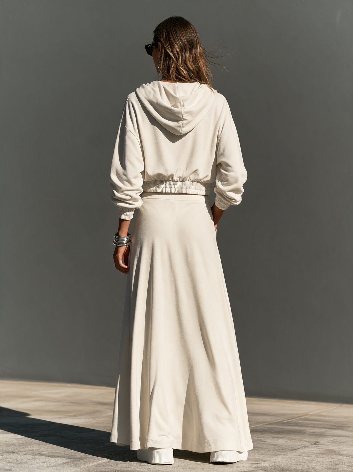 Women's Casual Two-Piece Set Featuring An Off-White Long-Sleeved Sweatshirt-Style Jacket And A Skirt