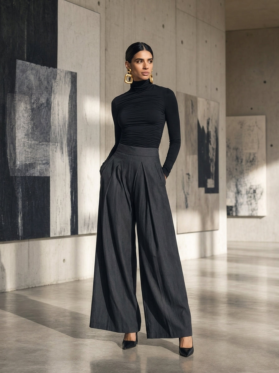 Women's Casual 2-Piece Set Black Stretch-knit Long-sleeve Top And Dark Gray Woven Wide-leg Trousers MDZ2470G8LXY