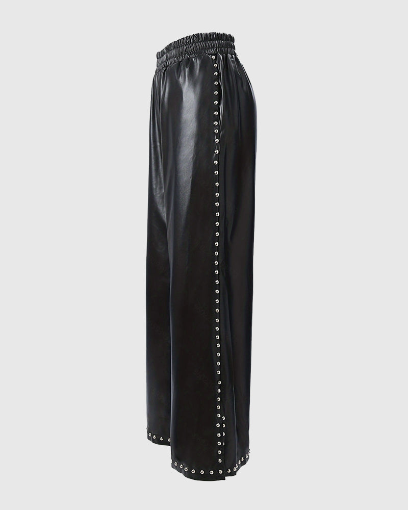 Beaded Loose Wide-leg Leather Pants  - By Qivii