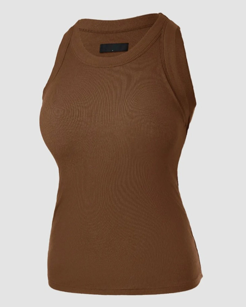 Round Neck Ribbed Tank Top Built In with Bra Padded  - By Qivii