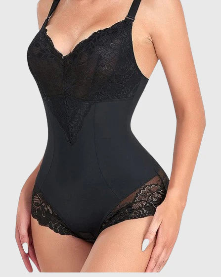 Lace V neck Tummy Control Sculpting Full Body Shapewear Bodysuit  - By Qivii