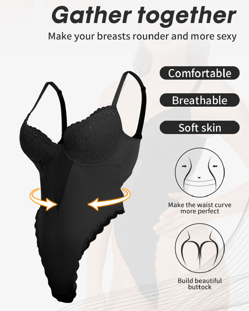 Women's Low Back Bodysuit Lace Stitching Tummy Control Brief Shapewear With Built In Bra  - By Qivii