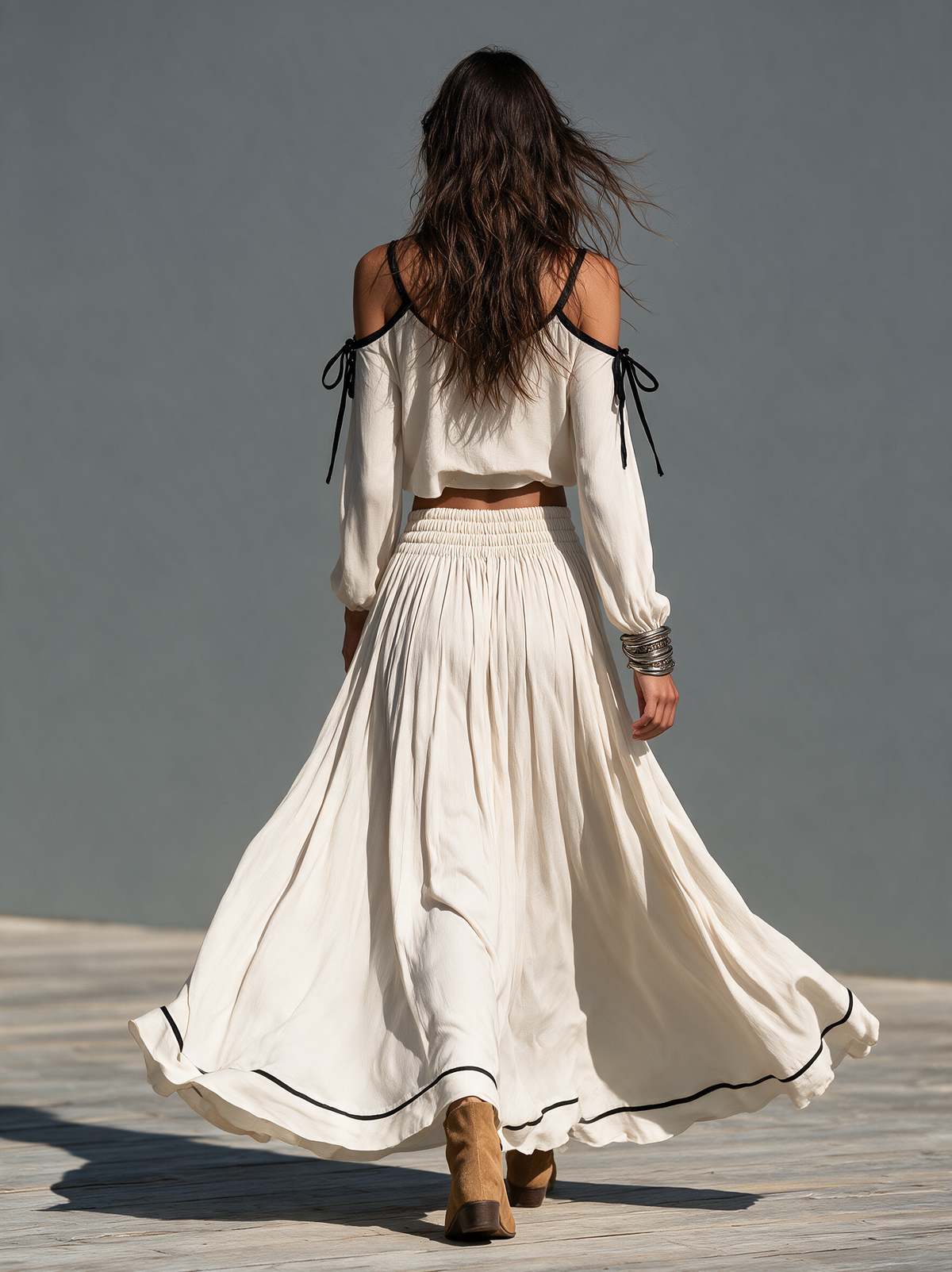 Women's Casual White Woven Long-Sleeve Camisole Top And Skirt Two-Piece Set MDZ3167H5LXY