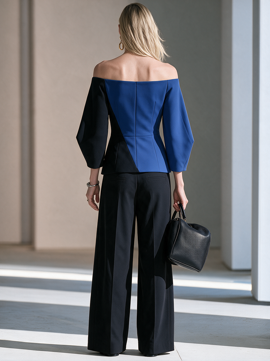 Women's Off-Shoulder Colorblock Three-Quarter Balloon-Sleeve Belted Top And Wide-Leg Pants Set MDZ0255I0CMX